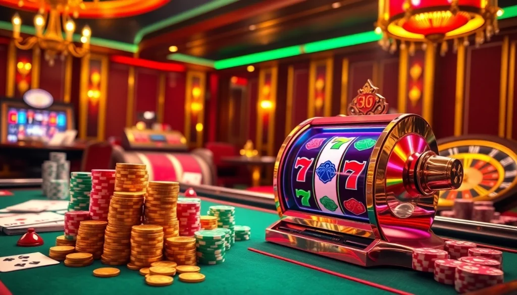Experience the thrill of slot777 at a glamorous casino with vibrant slot machines and poker chips.