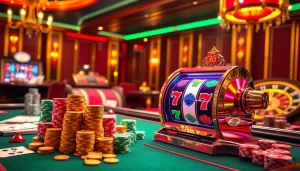 Experience the thrill of slot777 at a glamorous casino with vibrant slot machines and poker chips.