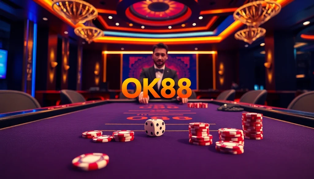 Experience excitement at an OK88 table with vibrant chips and a professional dealer.
