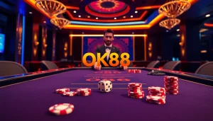 Experience excitement at an OK88 table with vibrant chips and a professional dealer.