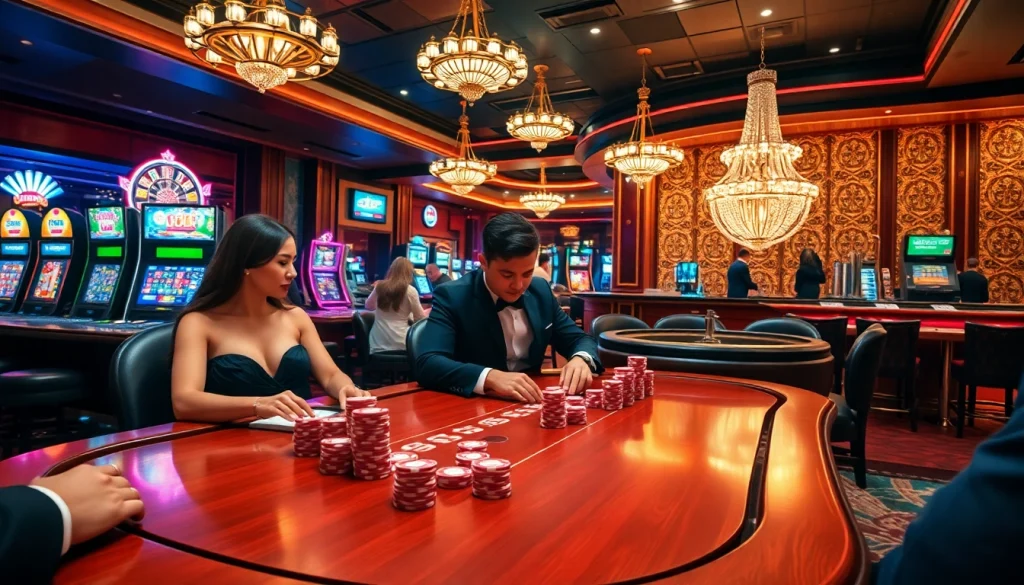 A vibrant casino scene showcasing players engaged in poker, echoing the excitement of https://lc88.jpn.com/ with luxury and thrill.