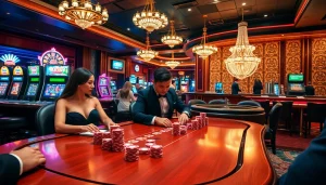 A vibrant casino scene showcasing players engaged in poker, echoing the excitement of https://lc88.jpn.com/ with luxury and thrill.