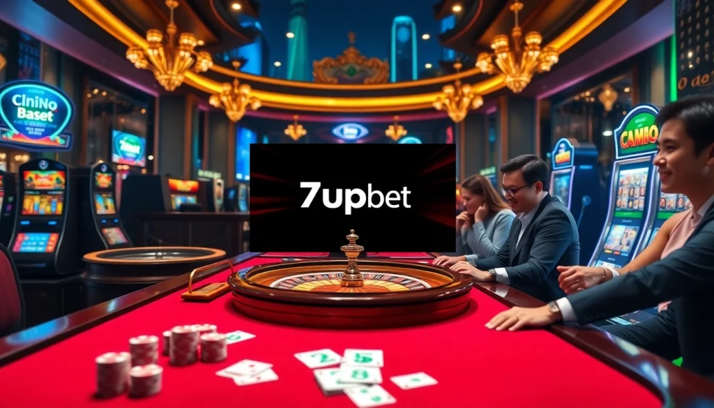 Experience thrilling gaming at 7upbet with a vibrant casino scene showcasing exciting gambling action.