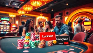 Players enjoying a thrilling game of Luckywin at a luxury casino table with vibrant slot machines.