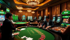 Players enjoying a thrilling moment at RR88 KJC casino, featuring vibrant tables and exciting gambling action.