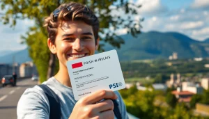 Excited individual proudly displaying their pool rijbewijs kopen in a vibrant urban setting.