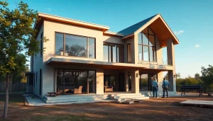 Custom Home Builder in Austin, TX showcasing a modern home under construction with a team of builders.
