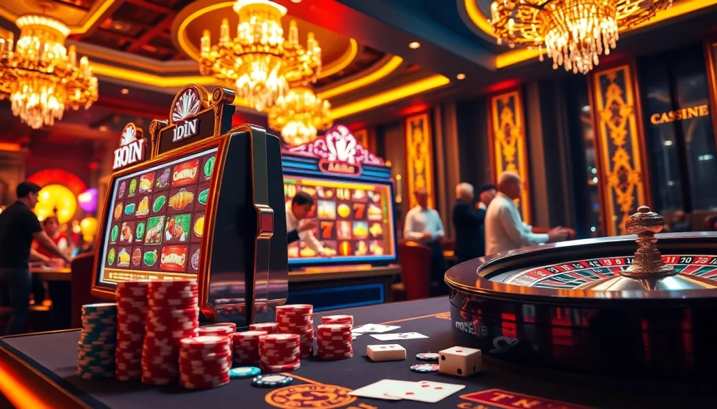 Winning on an idn slot machine surrounded by vibrant poker chips and a roulette wheel in a luxurious casino.