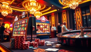 Winning on an idn slot machine surrounded by vibrant poker chips and a roulette wheel in a luxurious casino.