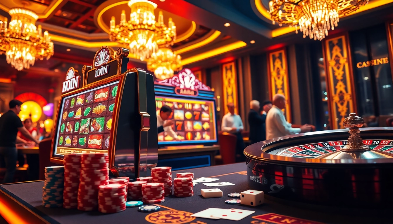 Winning on an idn slot machine surrounded by vibrant poker chips and a roulette wheel in a luxurious casino.