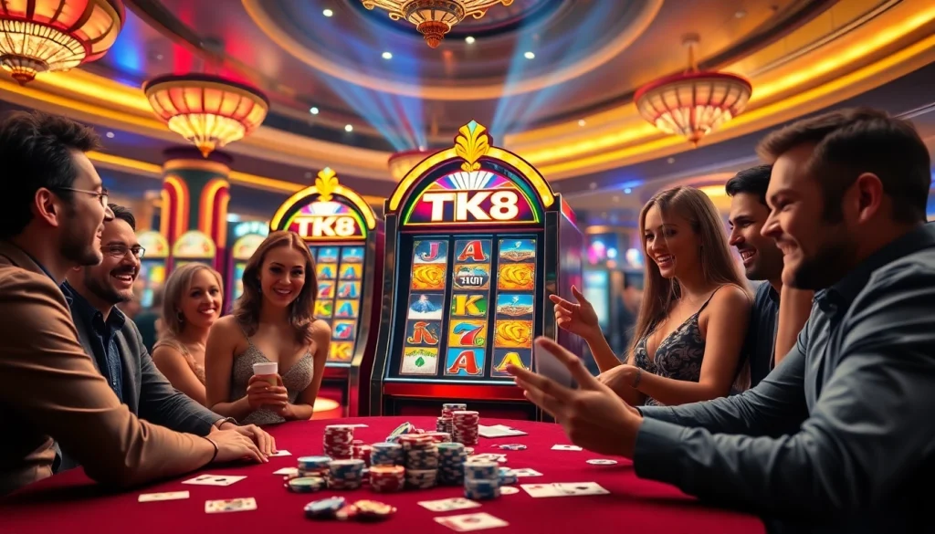 Engaging scene with TK88 slot machine at a vibrant casino, highlighting excitement and luxury.