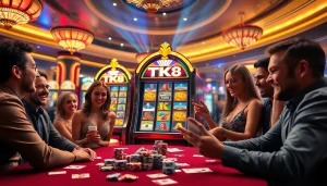 Engaging scene with TK88 slot machine at a vibrant casino, highlighting excitement and luxury.