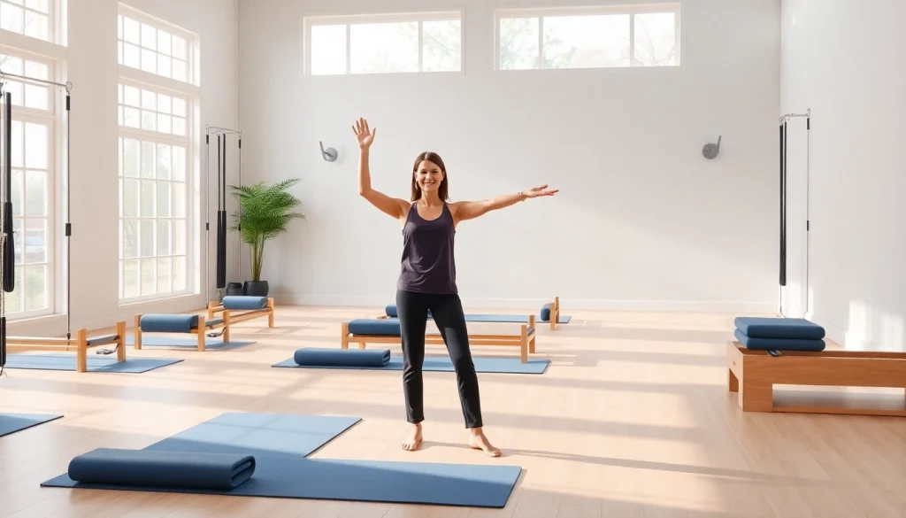 静かなスタジオでピラティス機器を展示し、親しみやすいインストラクターがいる様子