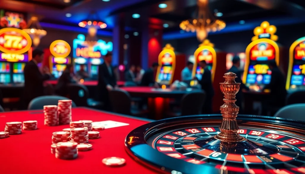 Experience gambling excitement at https://nk88net.com/ with vibrant poker chips and a roulette wheel.