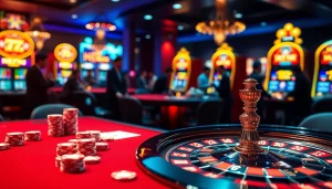 Experience gambling excitement at https://nk88net.com/ with vibrant poker chips and a roulette wheel.