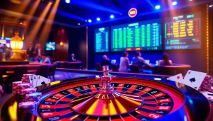 Exciting MK8 online gambling scene with roulette wheel and poker chips in a luxurious casino atmosphere.