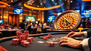 Tỷ lệ kèo nhà cái displayed in a vibrant casino scene with poker chips and roulette wheel.