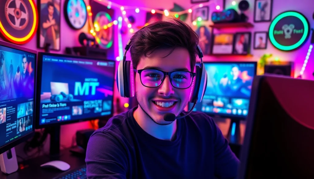 Engaged gamer surrounded by monitors displaying PC gaming news updates.