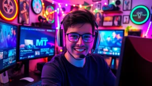 Engaged gamer surrounded by monitors displaying PC gaming news updates.