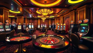 Exciting casino action with players at roulette and poker tables highlighting MMOO theme.