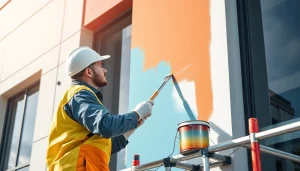 Professional building painters revitalizing a commercial space with fresh paint.
