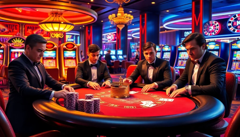 A thrilling casino scene featuring k9k9 chips, players at a poker table, and illuminated slot machines.