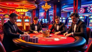 A thrilling casino scene featuring k9k9 chips, players at a poker table, and illuminated slot machines.