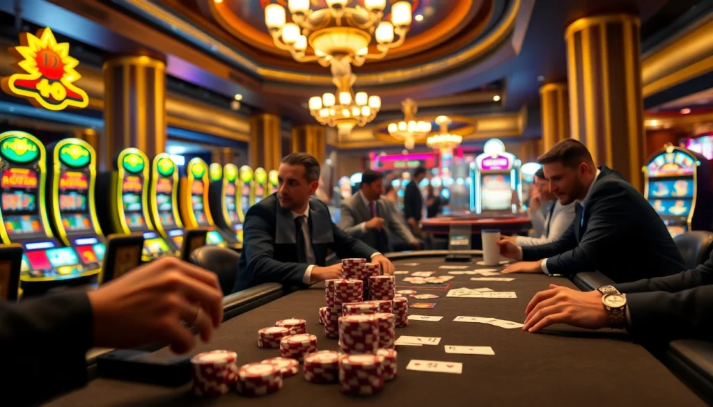 Players enjoying a thrilling poker game at rikvip casino, surrounded by vibrant slot machines.