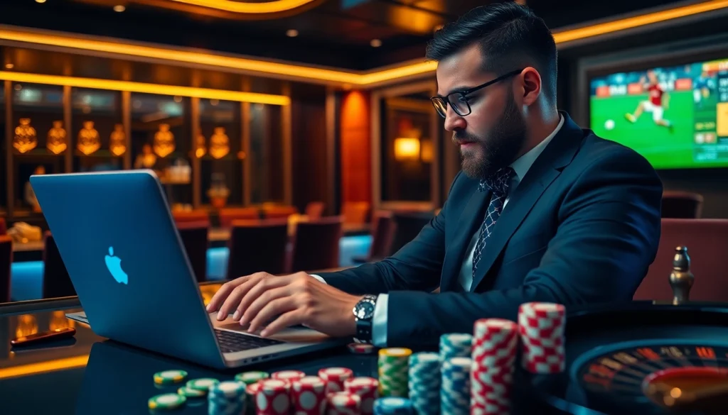 Learning to bet on football แทงบอลยังไง with a professional gambler analyzing odds and a roulette wheel in a casino.