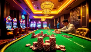 Exciting scene of players enjoying MM88Bet casino games with vibrant atmosphere and luxury settings.