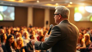 Capture founder leadership insights through a business leader speaking passionately at an engaging event.