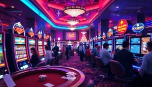 NAGA169 resmi illustrated in a vibrant casino scene with players enjoying slots and table games.