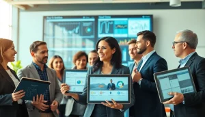 Engaged business automation experts near me collaborating in a modern workspace.