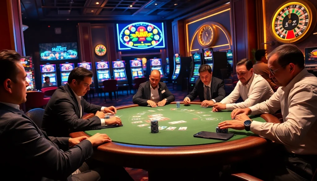 Gopay88 Daftar enhances the casino experience as players strategize at a poker table.