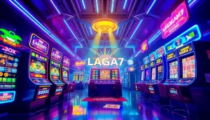 LAGAGAME77 showcases an exciting online gaming experience with vibrant slot machines and dynamic graphics.