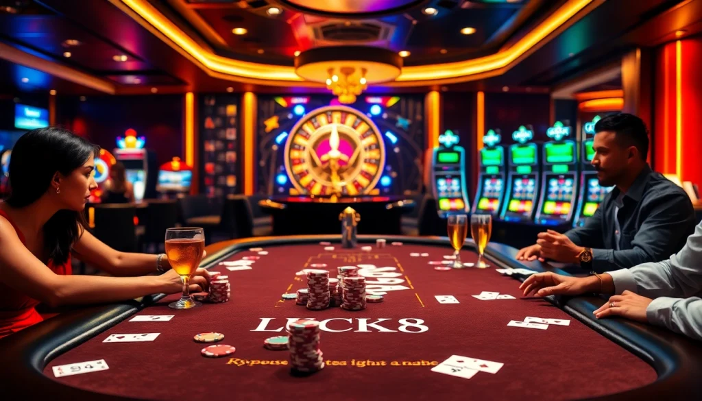 Người chơi tham gia tại bàn casino LUCK8, thể hiện những chiếc chip poker đầy màu sắc và vòng roulette đầy kích thích.