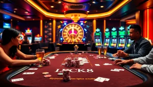 Người chơi tham gia tại bàn casino LUCK8, thể hiện những chiếc chip poker đầy màu sắc và vòng roulette đầy kích thích.
