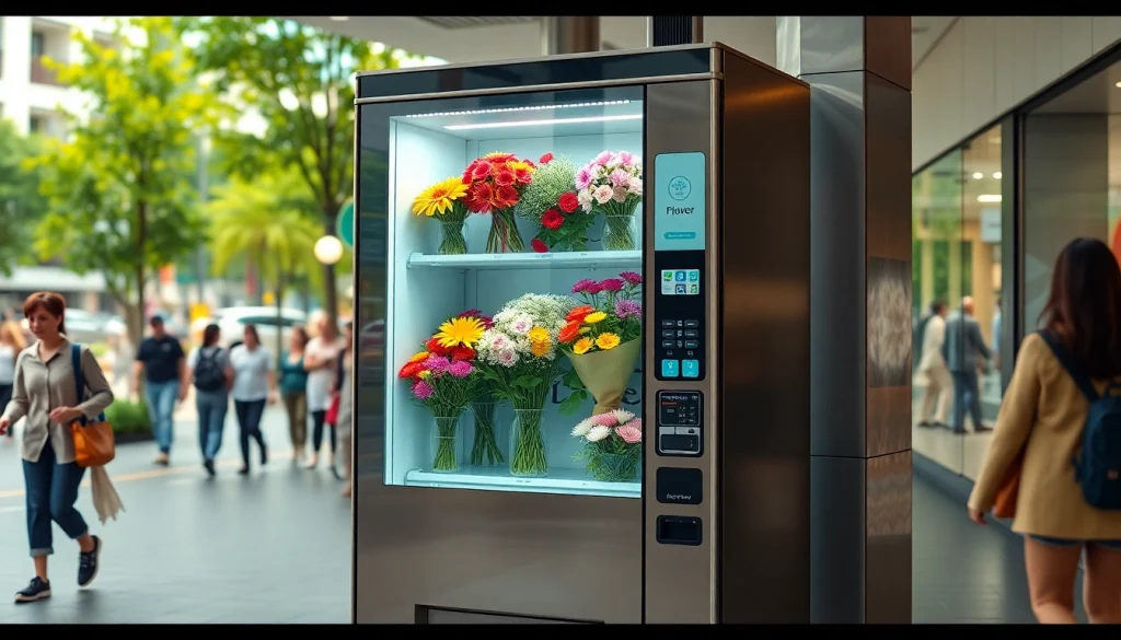Flower vending machine displaying fresh bouquets in an urban setting, showcasing convenience and vibrant colors.