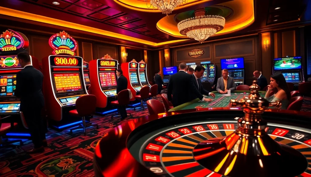 Bet88 đăng nhập - Players enjoying a vibrant casino atmosphere with slot machines and blackjack tables.