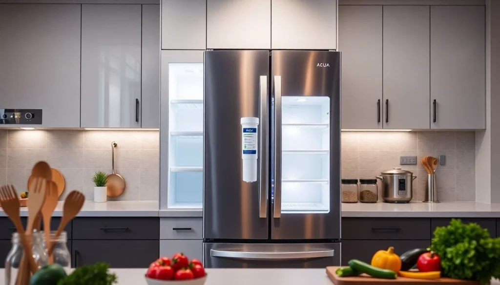 AQUA CREST DA97-17376B Replacement for Samsung DA97-08006C water filter showcased in a modern kitchen setting, emphasizing style and clean drinking water.