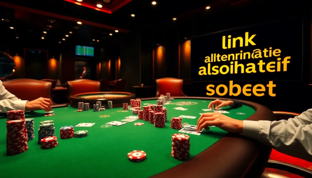 Engage with link alternatif sbobet at a luxurious poker table scene, showcasing chips and cards.