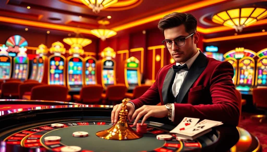 Exciting gambling scene featuring Man88 casino table, poker chips, cards, and vibrant slot machines.