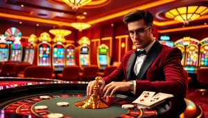 Exciting gambling scene featuring Man88 casino table, poker chips, cards, and vibrant slot machines.