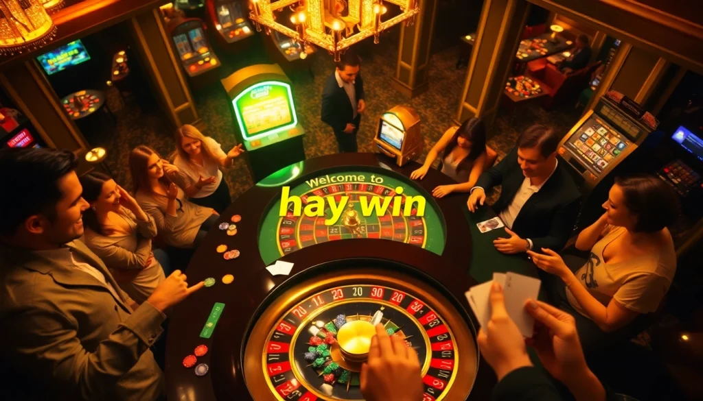 Experience the thrill of winning at hay.win with players enjoying roulette and poker in a vibrant casino.