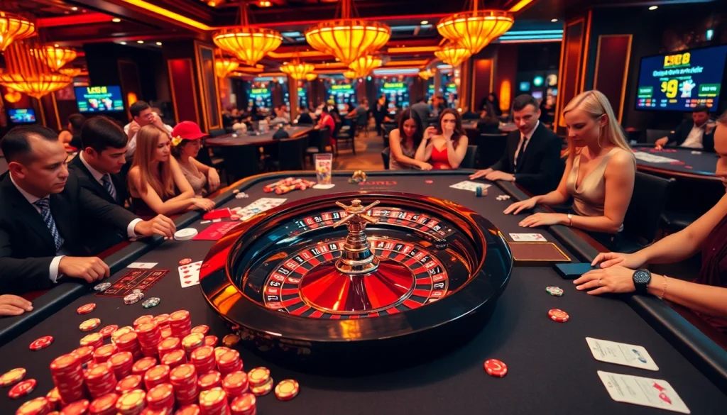 Gamblers engaging with the LC88-themed casino table filled with vibrant chips and cards.
