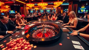 Gamblers engaging with the LC88-themed casino table filled with vibrant chips and cards.