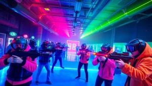 Players enjoying an exciting laser tag match in a vibrant arena filled with neon colors.