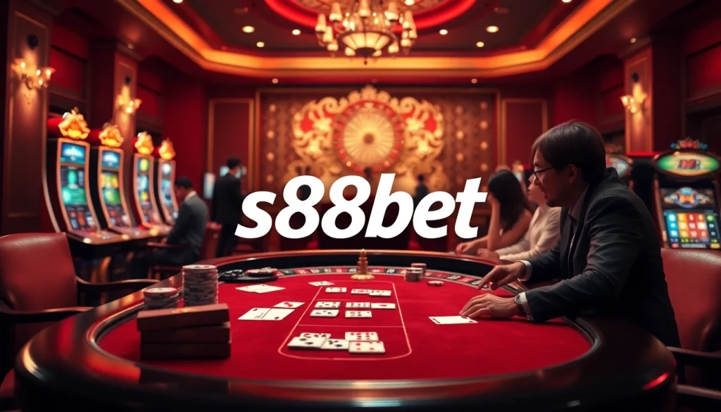 Engage with s88bet in a luxurious online gambling scene featuring a poker table, roulette wheel, and vibrant slot machines.