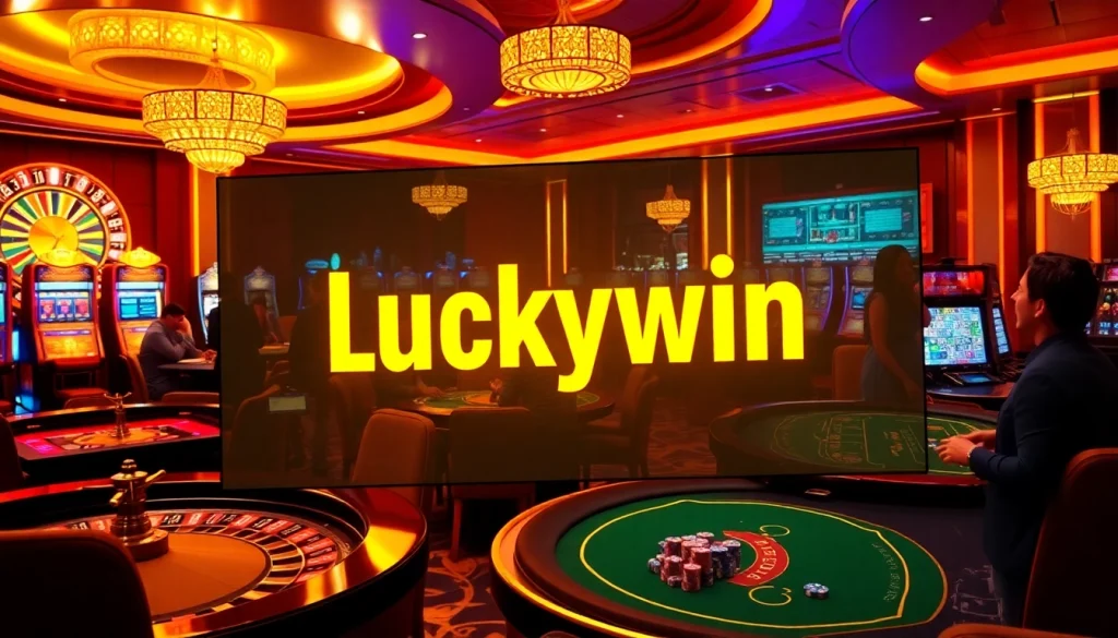 Experience the thrill of gambling at Luckywin with vibrant casino visuals featuring roulette and slot machines.