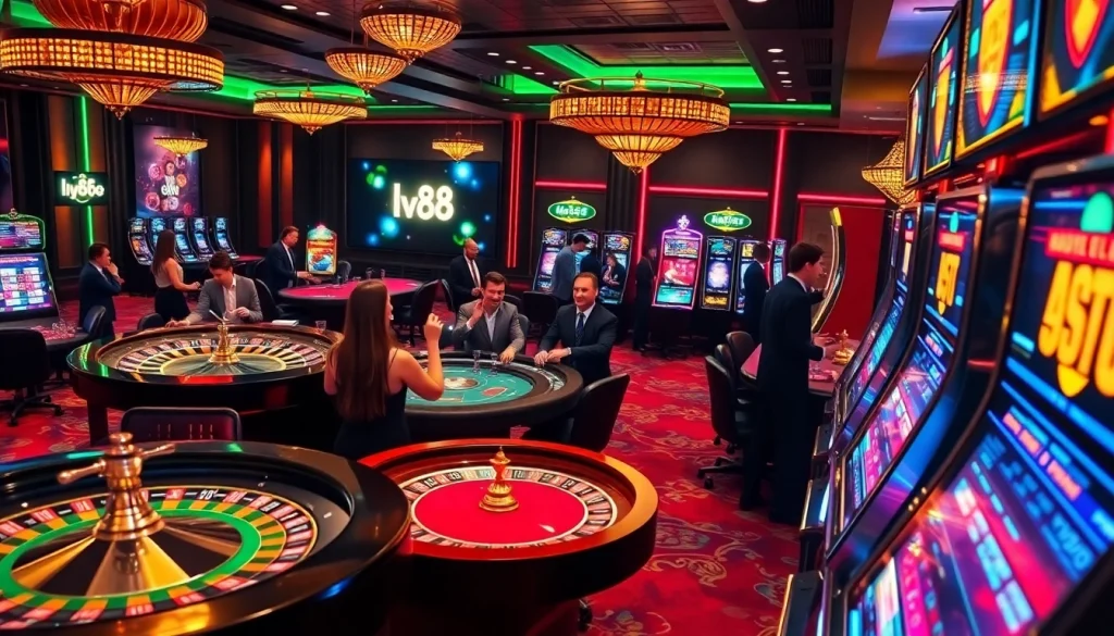 Experience the excitement of gambling with the lv88 link featuring vibrant casino tables, cards, and players.